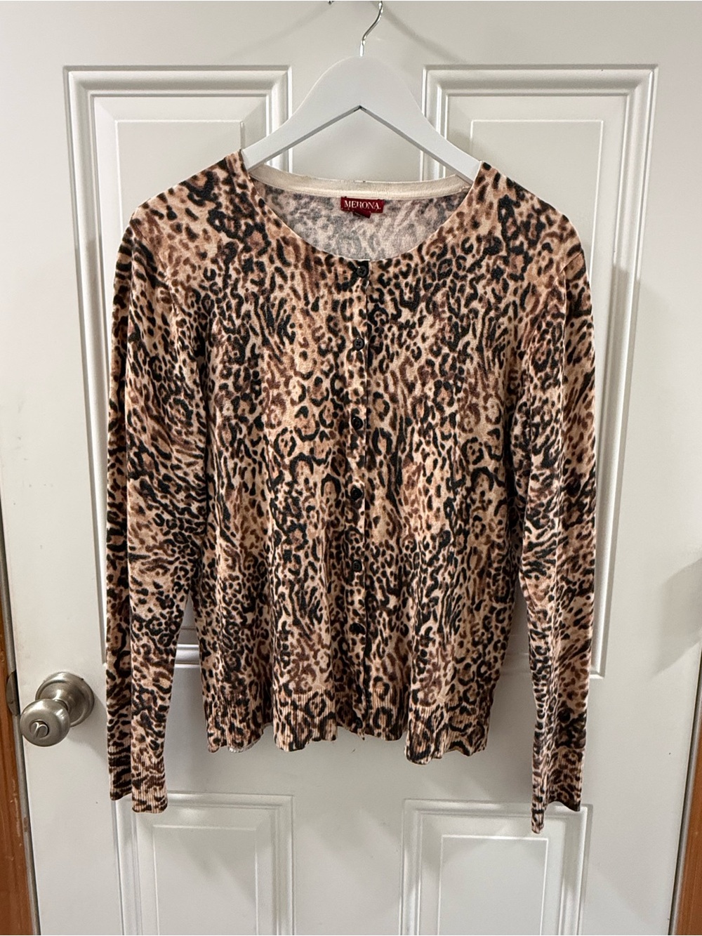 Leopard Print Long-Sleeve Cardigan - Brown, cotton, natural fibers